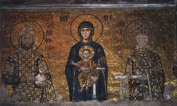 golden fresco of madonna and child with Constantine and Theodora