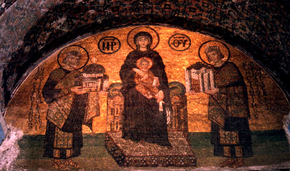 Golden mural of Madonna and child, with Constantine and Justinian